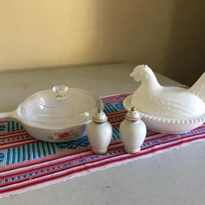 Lot 8: Pyrex Dish, Vintage White Milk Glass Nesting Hen, Salt/Pepper Shakers