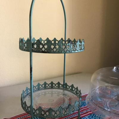 Lot 10: Vintage Style Turquoise Tiered Platter and Crystal Cake Platter