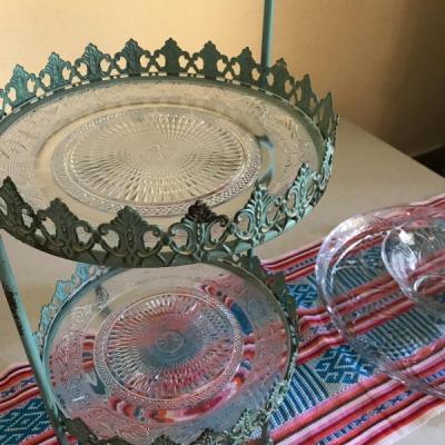 Lot 10: Vintage Style Turquoise Tiered Platter and Crystal Cake Platter