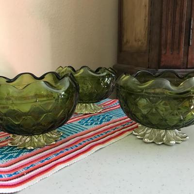 Lot 75: Vintage Green Glass Candy Dishes w/Silver Foot
