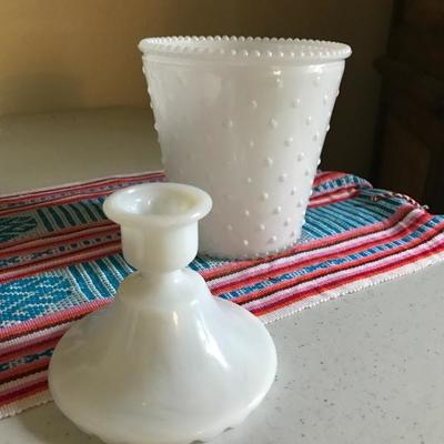 Lot 56: White Glass Pot and Candlestick holder