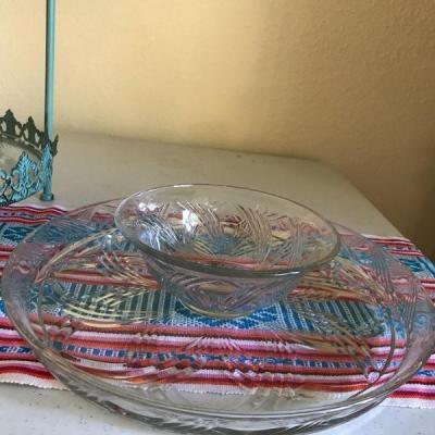 Lot 10: Vintage Style Turquoise Tiered Platter and Crystal Cake Platter