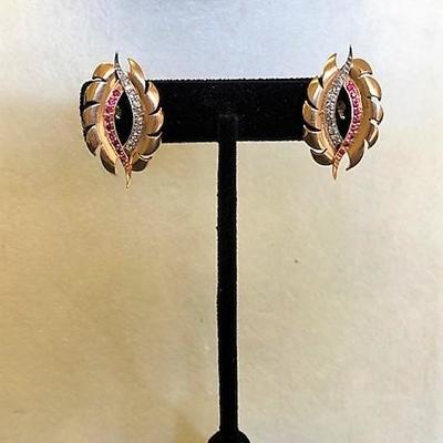 Beautiful, 18K Gold Vintage Diamond & Ruby Channel Set Earrings