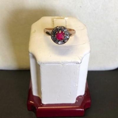 Vintage .50 Carat Natural Ruby Ring with Rough Cut Diamond Halo (Size 10)