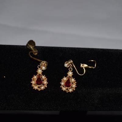 Vintage Red and Faux Pearl Drop Earrings, Clip On