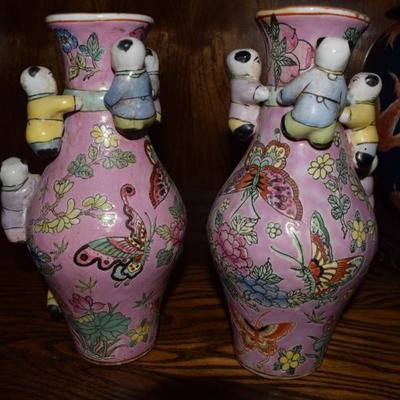 Pair of Famille Rose Fertility Vases with Climbing Boys