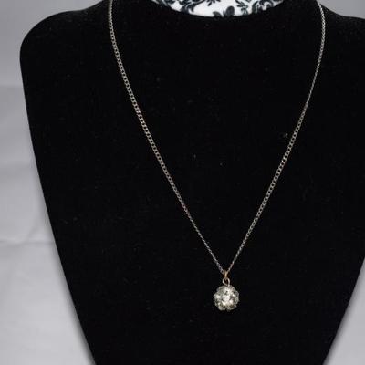 Vintage Sterling Silver Chain Necklace with Rhinestone Ball Charm