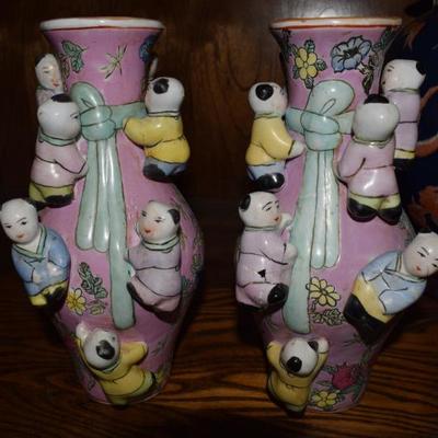 Pair of Famille Rose Fertility Vases with Climbing Boys