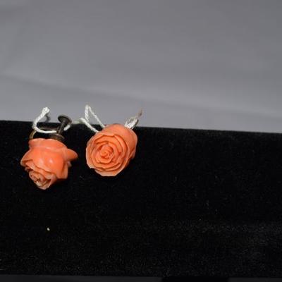 Vintage Coral Jade or Jadeite Rose Bud Earrings