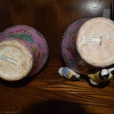 Pair of Famille Rose Fertility Vases with Climbing Boys