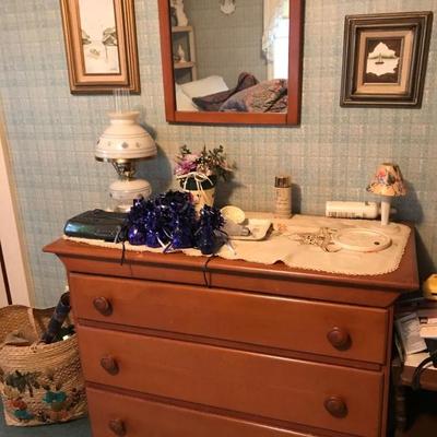 Rock Maple chest, mirror and various items
