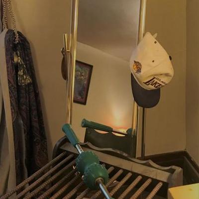 vintage pants hangers, mirror, back massager