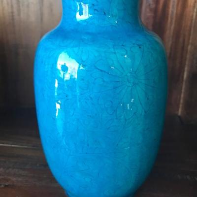 Teal Color Vase w/ floral design [1130]