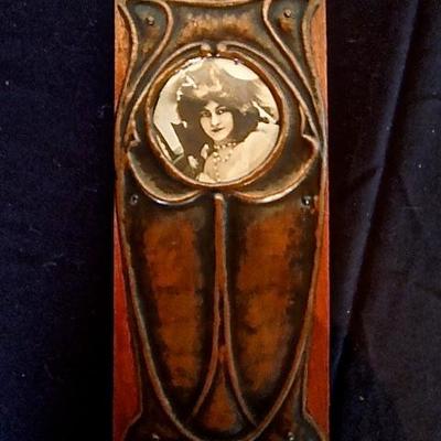 Lot 40: Antique Arts and Crafts Copper and Oak Standing Picture Frame