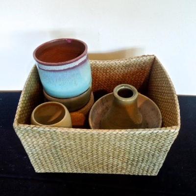 Lot 39: Six Art Pottery Stoneware Pieces in Basket