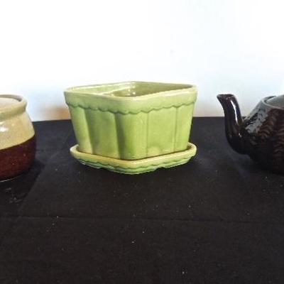 Lot 38: Three Small Art Pottery Pieces with Basket 