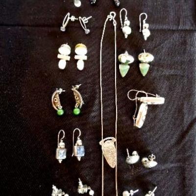 Lot 21: Group of Handcrafted Polished Stone and Silver Earrings 
