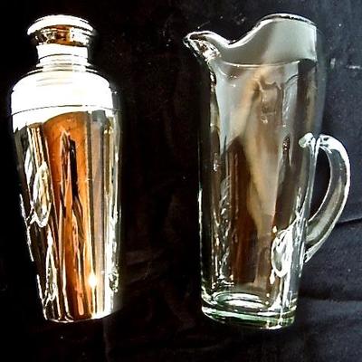 Lot 85: Vintage Chrome Cocktail Shaker, Pitcher and 50's Martini Glasses