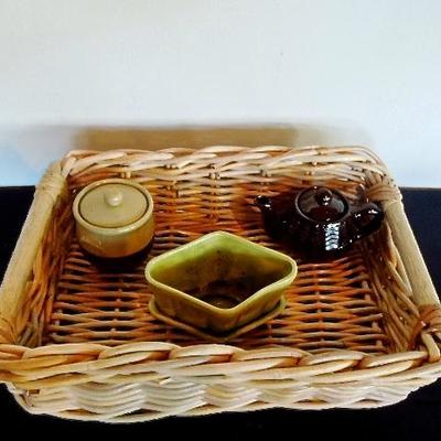 Lot 38: Three Small Art Pottery Pieces with Basket 