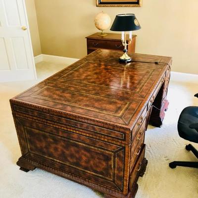 Maitland Smith Partner Desk In Burled Mahogany And Leather Top