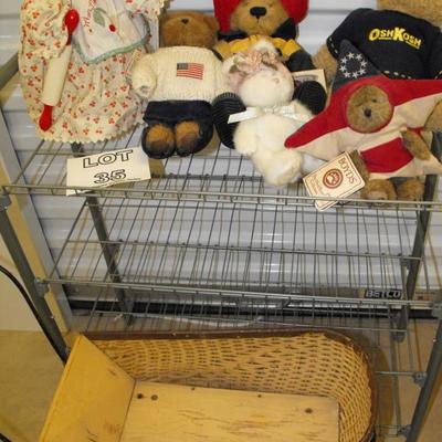 LOT 35  Antique Toy Stroller, Plush Animals, Small Shelf