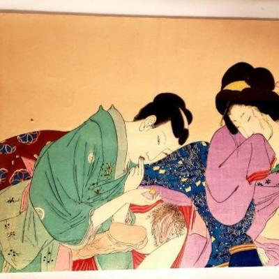 Antique Japanese Shunga Erotic woodblock print Preparing for Love