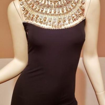 Maxi curvy black gown gold embellished bead neck yoke NWT