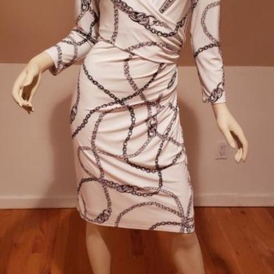 Vtg Ralph Lauren White Link Printed cross over dress