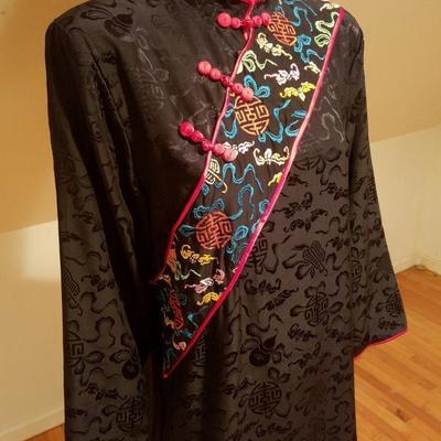 Vtg Peony silk Jacquard embroidered shift Macao dress 