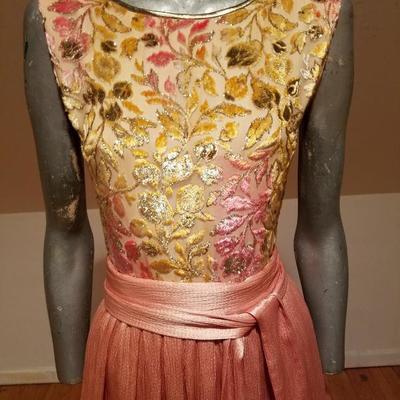 WILLIAM PEARSON full length peach satin and burnt velour floral gown