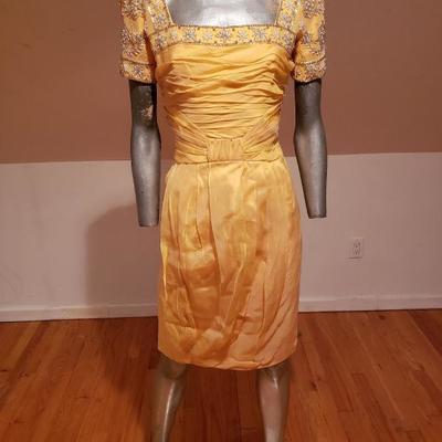 Vintage Canary yellow silk chiffon embellished toga ruched dress 