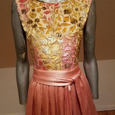 WILLIAM PEARSON full length peach satin and burnt velour floral gown