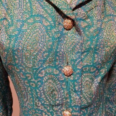 Aqua Gold metallic brocade coat trapeze dress rhinestone buttons 