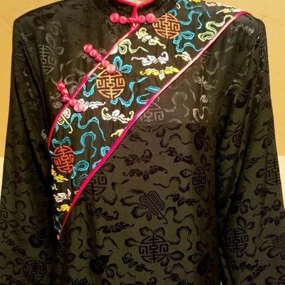 Vtg Peony silk Jacquard embroidered shift Macao dress 