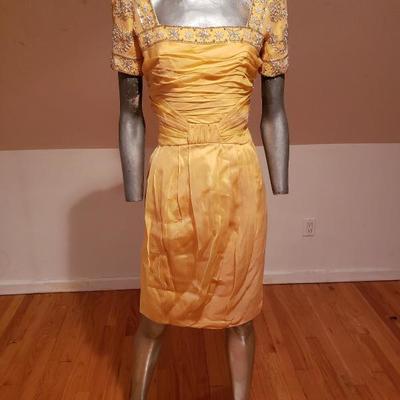 Vintage Canary yellow silk chiffon embellished toga ruched dress 