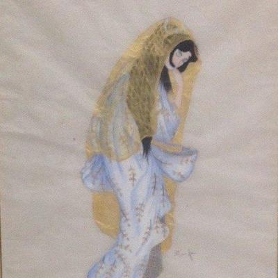 Signed Japanese Lady Silk Painting Kimono Dressed