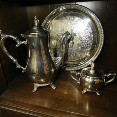 English Silver Plate Coffee Pot, Sugar Bowl and Serving Platter