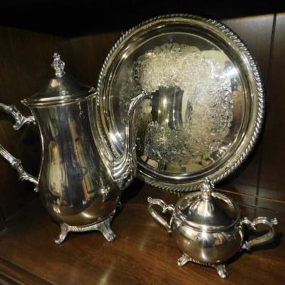English Silver Plate Coffee Pot, Sugar Bowl and Serving Platter