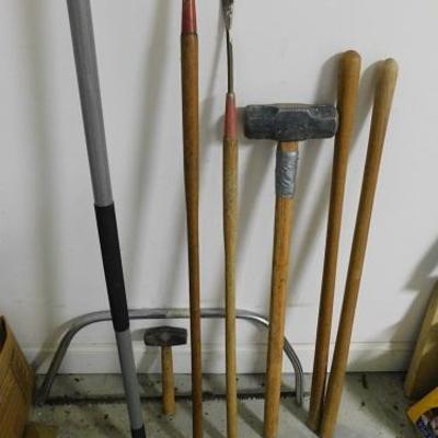 Set of Hand Tools Including Sledge Hammer and Garden Tools