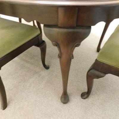 Ethan Allen Dining Table with Six Upholstered Seat Chairs and 18