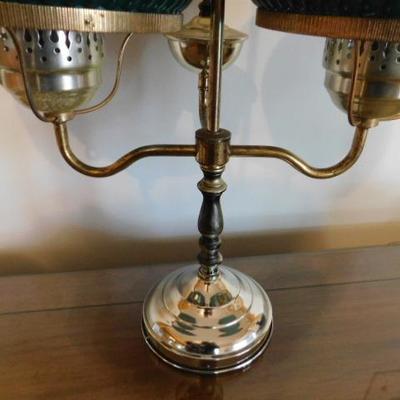 Brass Double Arm Table Lamp with Green Curved Flute Shades 19