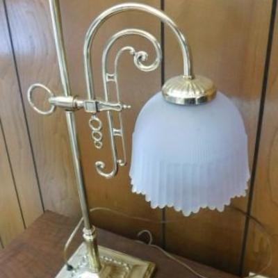 Brass Desk Lamp with Opaque Ribbed Glass Shade 