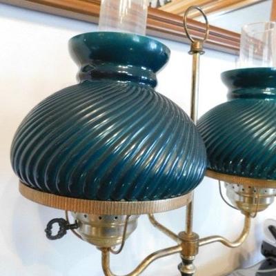 Brass Double Arm Table Lamp with Green Curved Flute Shades 19