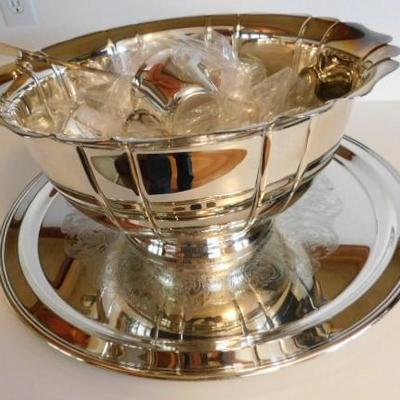 Large Silver Plate Punch Bowl with 12 Cups, Platter,  and  Ladel 