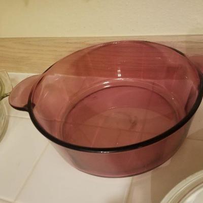 Purple pyrex glass casserole dish 