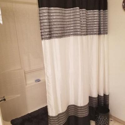 Black & White Bathroom Set Shower Curtain, Rug Trash Can 