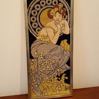 Framed :Lady Art Nouveau Needlework Needlepoint by M.F.