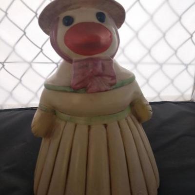 Duck wearing a dress cookie jar 