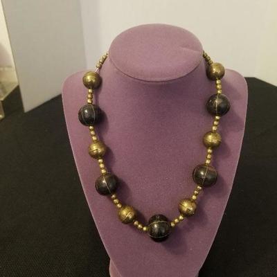 Vintage Brass & Wood Bead Necklace - #119-A