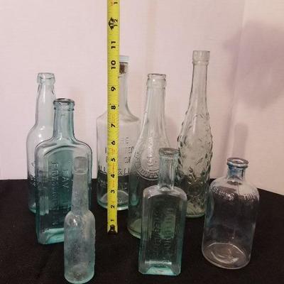 Lot of 8 Antique/Vintage Medicine Liquid Bottles - Green Tint - #90-A